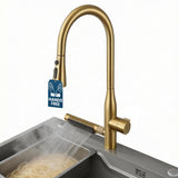 STiLWERK Waterfall Kitchen Faucet with Pull-Down Sprayer, 3 Flow Modes (Sweep/Stream/Waterfall), 360° Swivel, Stainless Steel Sink Faucet for Farmhouse, Camper, Bar, Laundry, Rv, Brushed Gold