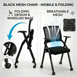 2 Pack Folding Office Chair with Wheels, Stackable Conference Room Chairs with Armrests
