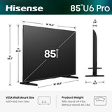Hisense 85" U6 Pro Series Mini‑LED 4K UHD HDR Gaming AI Smart Fire TV (85U6SF Pro, 2026 New) – Hi-QLED, Native 144Hz, Motion Rate 480, Dolby Vision IQ,· Atmos, HDR10+, Glare-Free, Alexa+
