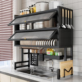 Large Over The Sink Dish Drying Rack 4 Tiers with Cover, Space-Saving Keep Kitchen Sink Shlef Organized, Drying Rack for Dishes, Glasses, Bowls, Cutlery Black(Black,65cm)
