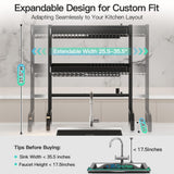 3 Tier Extra Large Stainless Steel Expandable Over The Sink Dish Drainer Drying Rack, Rust Proof Metal, Space Saving, Modern Black Big Capacity Extendable Plate Strainers Above Kitchen Counter