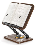Adjustable Book Stand for Reading, Book Holder with 360° Rotation Base, Height Adjustable Book Reading Stand with Extendable Page Clips — Wooden Stand Holder for Cookbook, Receipe Book, Thick Book