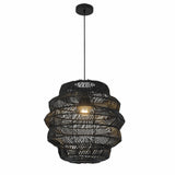 Outdoor Handmade Rattan Pendant Light Coastal Boho 1-Light 20 in. Matte Black Tiered Drum Ceiling Light for Patio with Wicker Rattan Shade