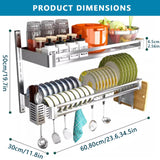 SHENJIA Wall Mounted Dish Drying Rack, 2-Tier Stainless Steel Hanging Dish Drainer with Chopsticks Knife Holder Drainboard, Kitchen Supplies Plates Bowls Cups Storage Shelf (23.6x11.8x19.7in)