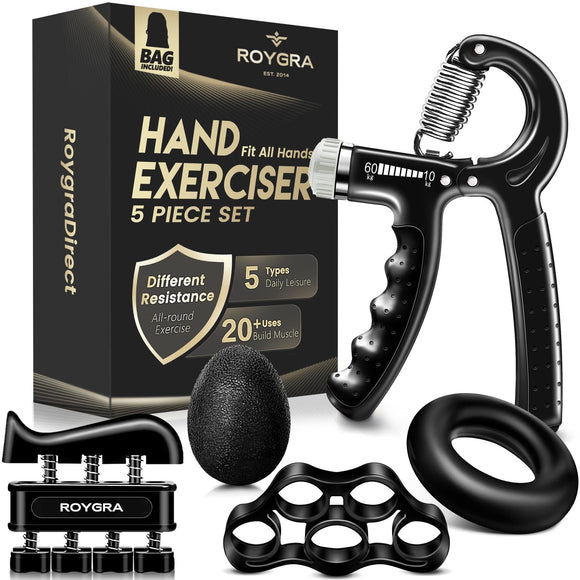 roygra Hand Grip Strengthener Workout Kit (5 Pack), Forearm Grip Adjustable Resistance Hand Gripper, Finger Stretcher, Finger Exerciser, Grip Ring & Stress Relief Grip Ball for Athletes roygra