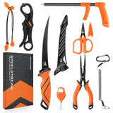 8pc Fishing Tool Kit - Fishing Pliers with Lanyard, Fillet Knife, Floating Fish Lip Gripper KastKing