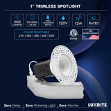 LUXRITE 1 Inch LED Recessed Lighting, Trimless Spotlight, 5CCT 2700K-5000K, 12W High Output 1000 Lumens, 38° Beam, TRIAC Dimmable, Anti-Glare Round Downlight, IC & Wet Rated, ETL Listed White (4 Pack)