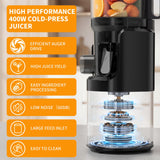 Juicer Machines, Cold Press Juicer with 6" Extra-Large Feed Chute, 400W Motor, High Juice Yield, Easy to Clean, Dishwasher Safe Parts, 3-in-1 for Juice, Nut Milk & Sorbet, Whole Fruits & Vegetables