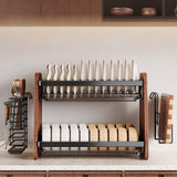 QIUHTR Modern Wooden 2-Tier Dish Drying Rack,Stainless Steel Dish Drainer,Saving Kitchen Space,with Removable Cutlery Holder,with Utensils Flatware Holder Set