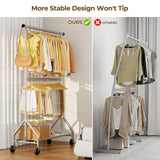 HYSEYY Heavy Duty Clothes Rack, Double Rod Clothing Rack for Hanging Clothes, Rolling Garment Rack, Adjustable Freestanding Wardrobe Closet Coat Rack for Bedroom Laundry Living Room, Silver