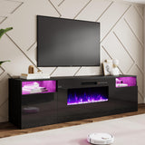 AMERLIFE 80" Fireplace TV Stand with 40" Electric Fireplace, TV Console with High Gloss Storage Cabinets and 12 Colors LED Lights, Modern Entertainment Center for TVs Up to 90", Black