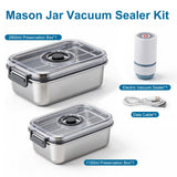 Electric Mason Jar Vacuum Sealer Kit, One-Touch Mason Jar Sealer for Wide Mouth & Regular Mouth Mason Jars, with 2 Date-Recordable Stainless Steel Food Storage Containers for Food Preservation