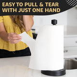 Heavy-Duty Stainless Steel Paper Towel Holder - Easy One-Handed Tear with Suction Cups - Modern Weighted Standing Countertop Dispenser for Kitchen - Holds All Paper Towel Rolls, Black