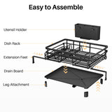SNTD Dish Drying Rack - Extendable Dish Rack, Large Sink Drying Dish Drainer for Kitchen Counter, Stainless Steel Dish Strainer with Utensil Holder (Black)