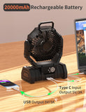 EEIFO Battery Operated Fan Portable Battery Powered Outdoor Camping Tent Fan with LED Lantern Light 20000mAh Rechargeable, Oscillating, 360° Rotating Hanging Hook, Cordless USB Desk Fan(Black)