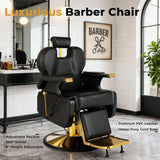 Black and Gold Barber Chair, Heavy Duty Hydraulic Reclining Barber Chair for Barbershop w/ Adjustable Headrest & Footrest, 360° Swivel Studry Frame barber Chair for home, Spa, Tattoo, Beauty Salon