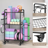 Jusgym Weight Rack for Home Gym, All in One Yoga Mat Storage Rack, Workout Equipment Storage with Wheels and Hooks for Dumbbells Kettlebells Foam Rollers, Powder Coated Finish Steel Jusgym