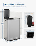 GarveeHome 2 x 8 gal Stainless Steel Double Trash Can with Lid for Kitchen, Large Dual Trash and Recycle Bin Combo, Silver