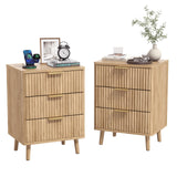 Go Beyond Fluted Night Stand with Charging Station, 3 Drawers Large End Table, Natural Nightstand Set of 2 with Storage, Wood Bedside Tables for Living Room, Bedroom (Wooden)