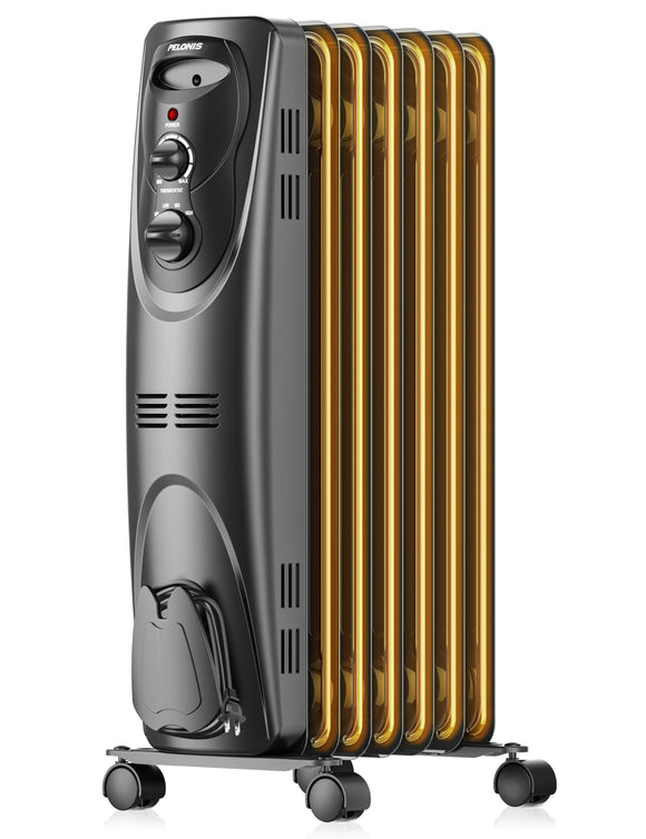Oil Filled Radiator Heater for indoor use Large Room Safe with Thermostat, 1500W, Black PELONIS