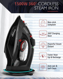OMAIGA Cordless Iron for Clothes, 1500W Steam Iron Rapid Heating, Ceramic Soleplate, Auto Shut Off, Self-Clean, Anti-Calc, 3 Temperature Settings, 11.84oz Water Tank Ironing Clothes for Home, Black
