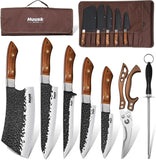 Huusk Butcher Knife Set - Hand Forged Meat Cleaver & Boning Viking Knives & Chef Utility Knives, Japanese Chef Knife Set with Bag for Camping, BBQ, Christmas Gifts for Men Women