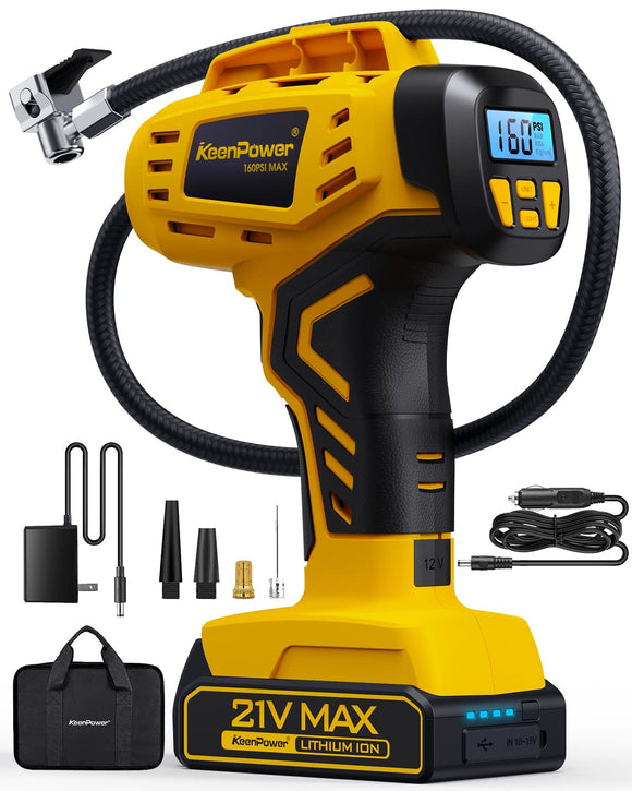 KeenPower Tire Inflator Portable Air Compressor - 2X Faster - 21V Rechargeable Battery Powered Handheld 160PSI Tire Inflator KeenPower