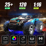 Remote Control Car for boys, 1:16 Scale All Terrain RC Cars,High Speed 25Km/h Fast Car with Colorful Led Light and spray, 2x1300mAh Rechargeable Battery RC Truck, Toy Car Gift for Teen Boys Girl Kids