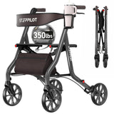 StepPilot Zero Wobble Rollator Walker with Seat for Seniors, 350lb Capacity, 18" Extra Wide Seat, 8" Wheels & Dual Brake, One-Hand Folds to 9.6", 7-Level Handle Adjustable, Cup Holder & Cane Clip