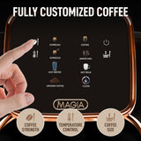 Zulay Kitchen Magia Clasica Automatic Espresso Machine with Built-In Grinder, Touch Panel Coffee Maker, Steam Wand Milk Frother, Adjustable Strength, Self-Cleaning, Black & Copper (13" x 17.7" x 9.4")