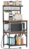 Furologee Kitchen Bakers Rack with Power Outlet, Microwave Oven Stand with Storage 4 Tiers, Coffee Bar Table with 6 S Hooks, Kitchen Storage Shelf Rack for Spices, Pots, Rustic Brown