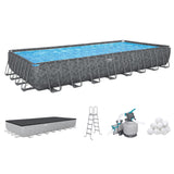 Bestway APX 365 31’4" x 16' x 52” Above Ground Pool, Rectangular Metal Frame Outdoor Swimming Pool Set with Sand Filter Pump, Ladder, and Cover, Dark Marble