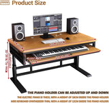 Music Studio Desk Workstation with Keyboard Tray, Office Computer Table with Organized Wiring/Keyboard Shelf Workbench Electronic Piano Midi Production (Walnut Color+Black Frame, 62IN)