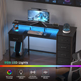 47 Inch Computer Desk with 5 Fabric Storage Drawers,Gaming Desk with Power Outlets & LED Lights