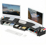 OPNICE Desk Organizers and Accessories, Dual Monitor Stand Riser with Drawer and 2 Pen Holders, Desk Shelf Computer Racks & Printer Stand for Office Workspace Organizers, Desktop Organization (Black)