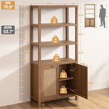 SICOTAS 71" Tall Rattan Bookshelf with Doors for Living Room Library