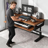 Height Adjustable Music Studio Desk with Keyboard Tray – Standing Computer Workstation with Cable Management, MIDI Shelf & Metal Legs for Recording, Production, Home Office(Walnut+Black,70in)