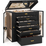 AKOZLIN Huge Jewelry Box Organizer Functional Extra Large Leather Jewelry Storage Case for Women Girls Ring Necklace Earring Bracelet Holder Organizer with Mirror Black