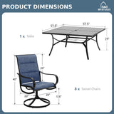 MFSTUDIO Outdoor Dining Set for 8, Metal Table w/Swivel Chairs, Navy Blue