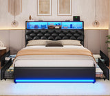 BTHFST LED Bed Frame Full Size with Charging Station & 4 Drawers, Full Size Bed Frame with Headboard Storage, Upholstered Metal Bed Full, No Box Spring Needed, Black PU
