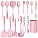 Homikit 15-Piece Kitchen Utensil Set, Silicone Cooking Utensils Spatula Set with Holder for Nonstick Cookware-Pink