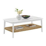 Alaterre Furniture Calais Living Room Collection – 48 Inch Rectangular Wood Coffee Table with Woven Storage Shelf – Mid Century Modern 2-Tier Living Room Table (White)