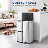 Triple Compartment Stainless Steel Trash and Recycling Bin Combo,16 Gallon,Removable Inner Buckets,Collapsible Foot Pedal,Indoor Use for Kitchen Home Office
