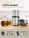 SHARDOR Electric Coffee Grinder Herb Blade Grinder Spices Grinder with 2 Removable Stainless Steel Bowls, Silver