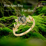 Oseew Natural Moss Agate Ring for Women 10K/14K/18K Solid Gold/Sterling Silve Round Cut Green Moss Agate Engagement Ring Personalized Wedding Promise Ring for Women(Yellow Gold)