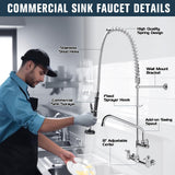 BZIMAK Commercial Faucet with Sprayer, 36 Inch Height Commercial Sink Faucet Wall Mount with 8" Adjustable Center and 12" Add-on Swing Spout & Pull Down Pre Rinse Sprayer