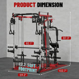 FAGUS H All in One Home Gym System Workout Station, Multi-Function Smithe Machine Power Cage with Cable Crossover, Tripe-Sided Independent Load Posts, Smithe Trainer for Full Body Training, Black Red