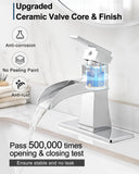 HOIGY Waterfall Chrome Bathroom Faucet, Brass 4 Inch Bathroom Faucets One Hole or 3 Hole, Single Handle with PP Drain, Deck Plate, Hot and Cold Supply Hoses for RV Lavatory Restroom, 5 Mins Install