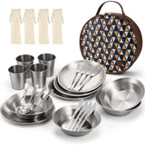 Odoland Stainless Steel Camping Mess Kit for Family & 4 Person, Cooking Tableware Utensils with Plates Bowls Forks Spoons Knives & Savings Bag for Camping, Backpacking, Hiking, Picnic, 4 Person Set