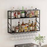 Woskar Wall Mounted Wine Rack, 2-Tier Wall Bar Shelves for Liquor Bottles, Metal Bottle Holder Wine for Wine Storage & Display (39.3×7.8×26in)